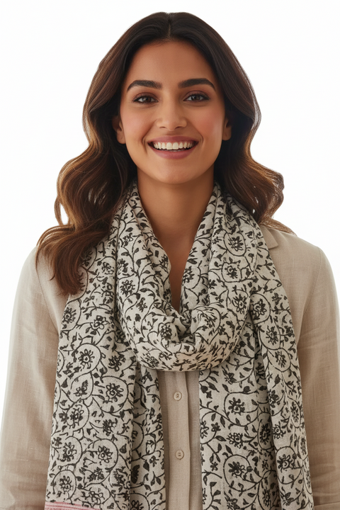 Ivory Olive Pink Kalamkari Modal Silk Stole