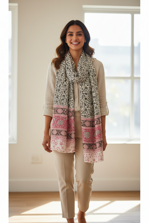 Ivory Olive Pink Kalamkari Cotton Stole
