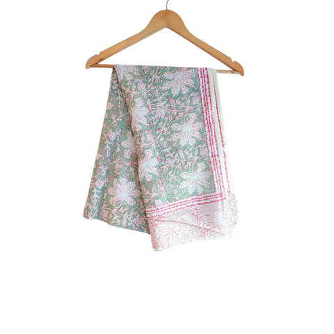 Sage Pink Floral Kalamkari Cotton Stole – full product view