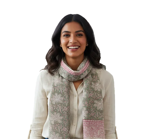 Sage Pink Floral Kalamkari Modal Silk Stole