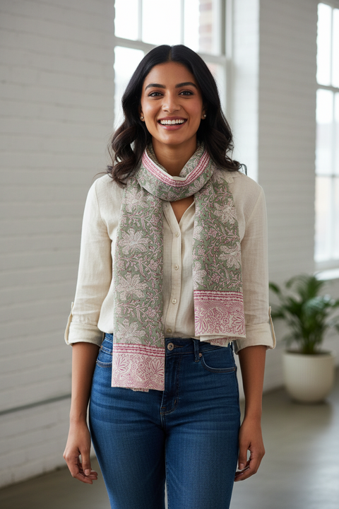 Sage Pink Floral Kalamkari Cotton Stole