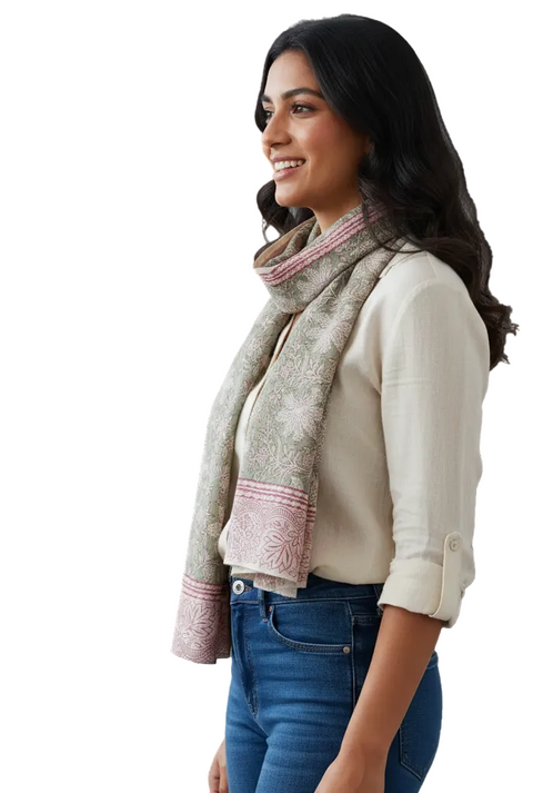 Sage Pink Floral Kalamkari Modal Silk Stole