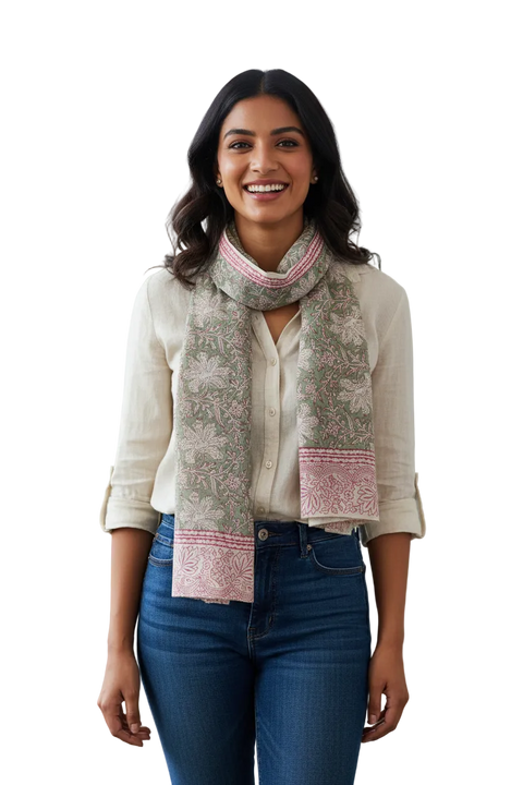 Sage Pink Floral Kalamkari Modal Silk Stole