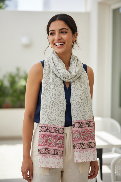Mint Pink Border Kalamkari Cotton Stole