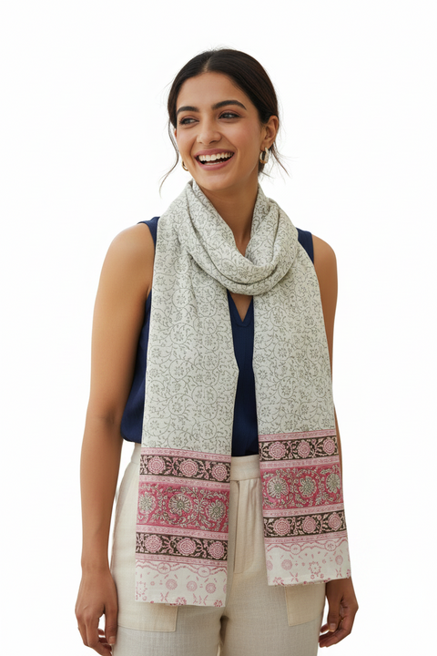 Mint Pink Border Kalamkari Modal Silk Stole
