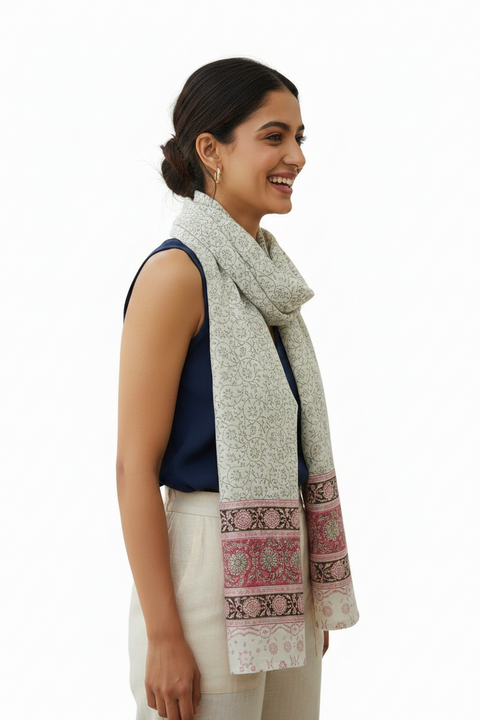 Mint Pink Border Kalamkari Modal Silk Stole
