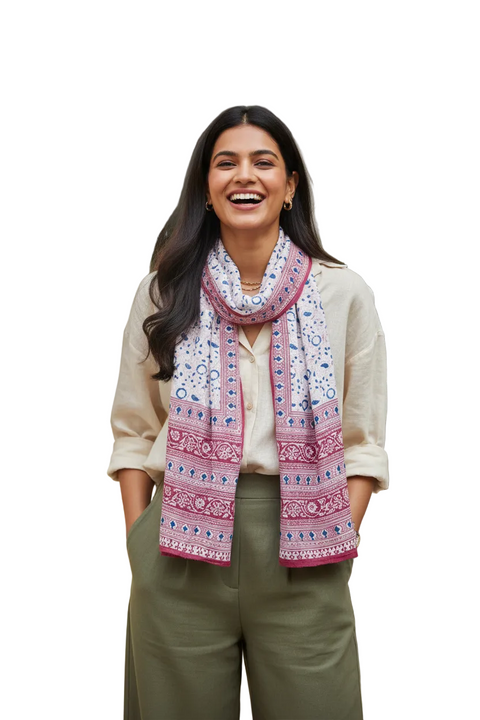 Rose Blue Border Kalamkari Cotton Stole