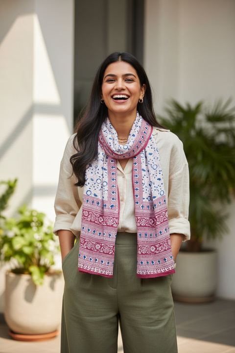 Rose Blue Border Kalamkari Cotton Stole