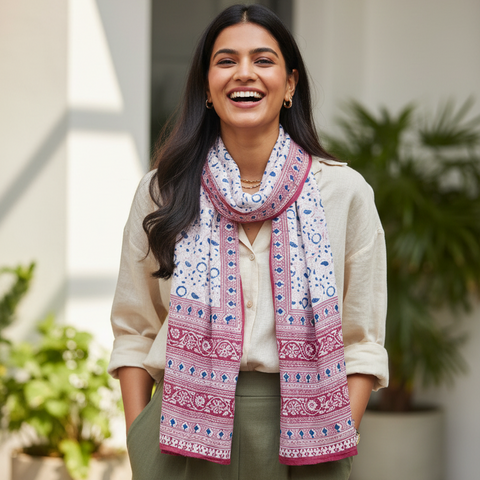 Rose Blue Border Kalamkari Modal Silk Stole