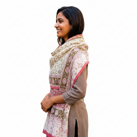 Ivory Olive Vine Kalamkari Modal Silk Stole