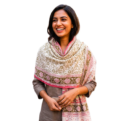 Ivory Olive Vine Kalamkari Cotton Stole – full product view