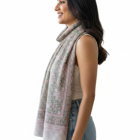 Sage Pink Vine Kalamkari Modal Silk Stole
