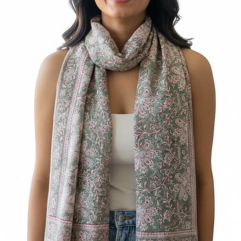 Sage Pink Vine Kalamkari Modal Silk Stole