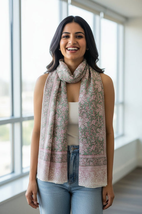 Sage Pink Vine Kalamkari Cotton Stole – alternate drape view