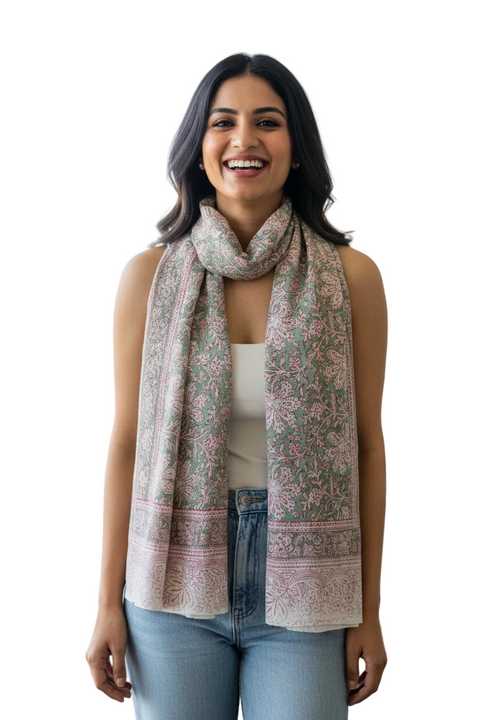 Sage Pink Vine Kalamkari Cotton Stole
