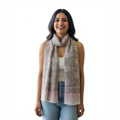 Sage Pink Vine Kalamkari Modal Silk Stole