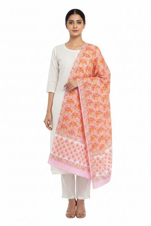 Pink Orange Mul Cotton Dupatta | Sanganeri Floral Jaal Block Print | 250x120cm