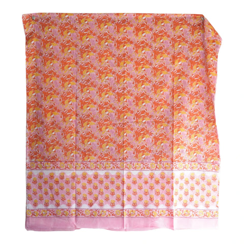 Close-up of orange and pink floral jaal Sanganeri block print on mul cotton – ISYVSK-A01
