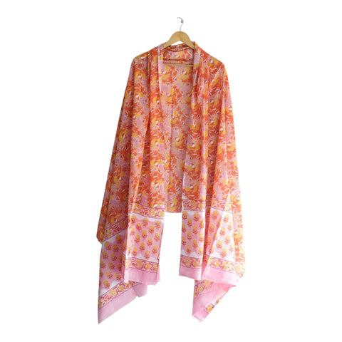 Pink orange mulmul dupatta 250x120cm draped view, Sanganeri handblock print – Indiascarves