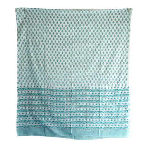 Close-up of teal floral buti Sanganeri block print on white mul cotton – ISYVSK-A02