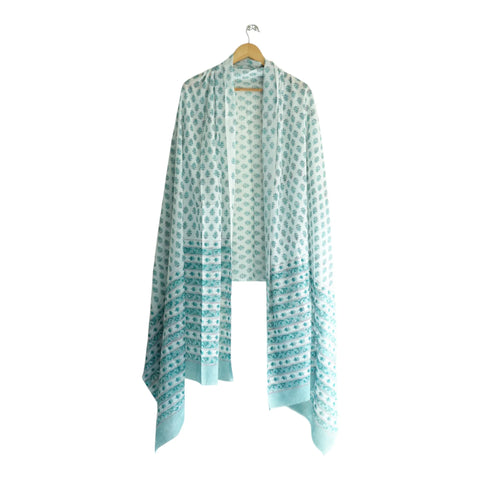 White teal mulmul dupatta 250x120cm draped view, Sanganeri buti print – Indiascarves