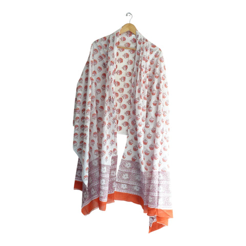 White rust mulmul dupatta 250x120cm draped view, Sanganeri buti print – Indiascarves