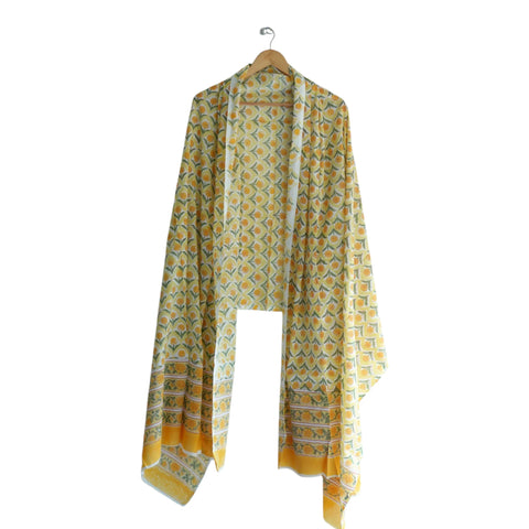 White yellow mulmul dupatta 250x120cm draped view, Sanganeri marigold print – Indiascarves
