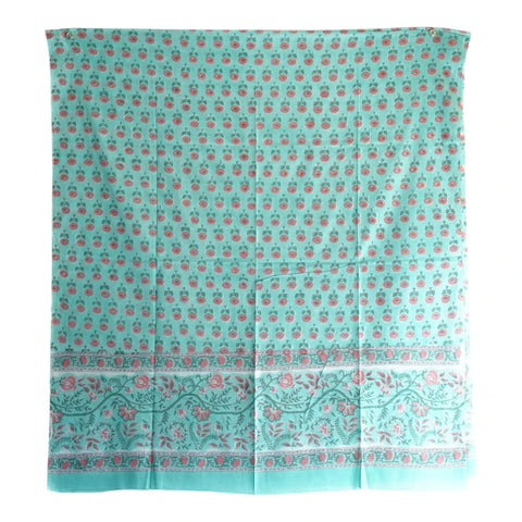 Close-up of pink rose floral Sanganeri block print on aqua mul cotton – ISYVSK-A05