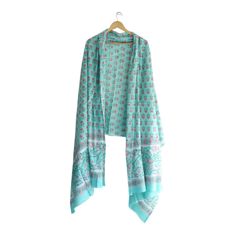 Border detail of aqua pink Sanganeri rose block print mul cotton dupatta – ISYVSK-A05