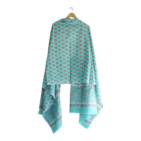 Full flat lay of aqua pink rose floral Sanganeri block print dupatta – ISYVSK-A05