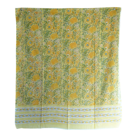 Close-up of lime green and yellow floral jaal Sanganeri block print on mul cotton – ISYVSK-A06