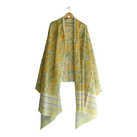 Border detail of lime yellow Sanganeri floral jaal mul cotton dupatta – ISYVSK-A06