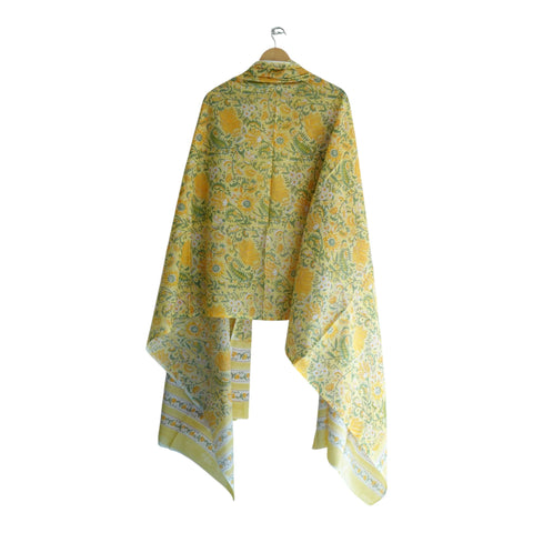 Full view of bright lime yellow Sanganeri block print mulmul dupatta – ISYVSK-A06