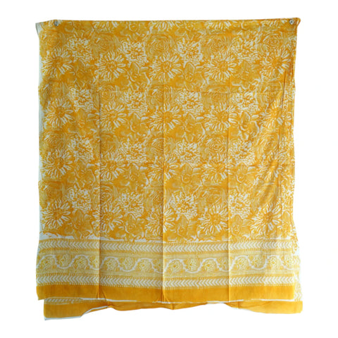 Close-up of white large floral Sanganeri block print on mustard mul cotton – ISYVSK-A07