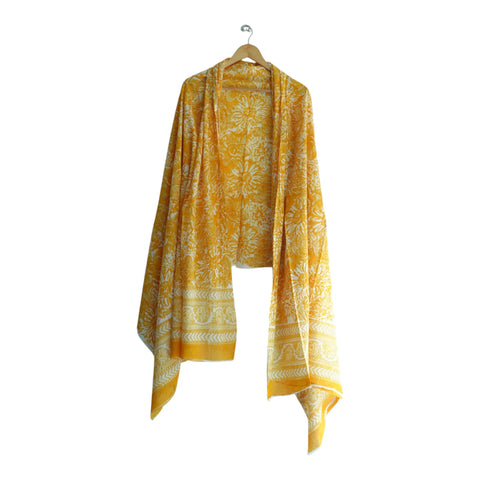 Mustard white mulmul dupatta 250x120cm draped view, Sanganeri floral print – Indiascarves