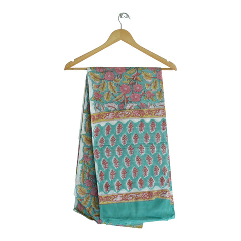 Teal pink Sanganeri leaf floral mul cotton dupatta on hanger – Indiascarves ISYVSK-A08
