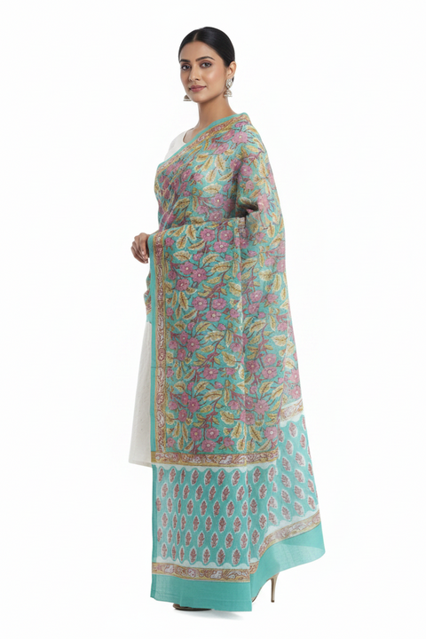 Teal Pink Mul Cotton Dupatta | Sanganeri Leaf Floral Block Print | 250x120cm