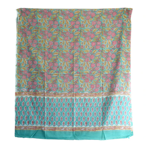 Close-up of teal and pink leaf floral Sanganeri block print on mul cotton – ISYVSK-A08