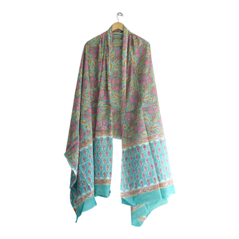 Teal pink mulmul dupatta 250x120cm draped view, Sanganeri leaf floral print – Indiascarves