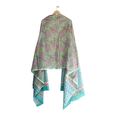 Border detail of teal pink Sanganeri botanical block print mul cotton dupatta – ISYVSK-A08