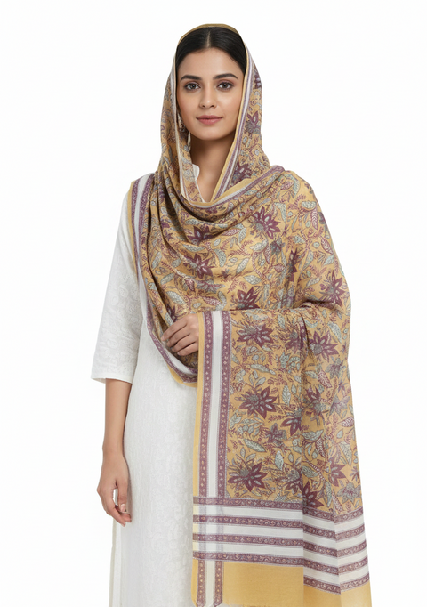 Mustard Purple Mul Cotton Dupatta | Sanganeri Floral Jaal Block Print | 250x120cm