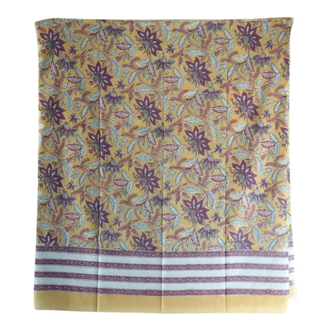 Close-up of purple and teal floral jaal Sanganeri block print on mustard mul cotton – ISYVSK-A09