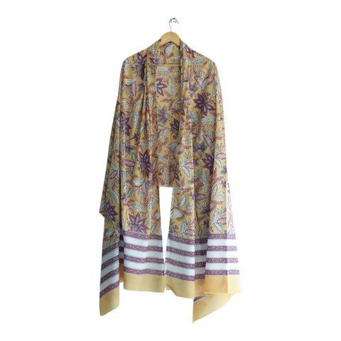 Mustard purple mulmul dupatta 250x120cm draped view, Sanganeri floral jaal – Indiascarves