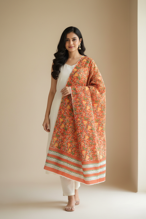 Rust Green Mul Cotton Dupatta | Sanganeri Tropical Floral Block Print | 250x120cm