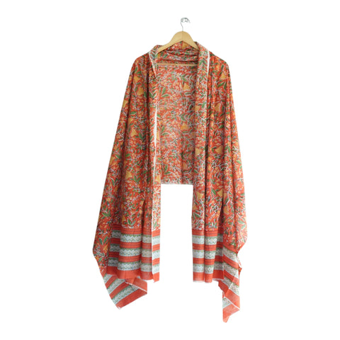 Rust green mulmul dupatta 250x120cm draped view, Sanganeri tropical print – Indiascarves
