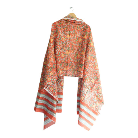 Border detail of rust Sanganeri tropical floral block print mul cotton dupatta – ISYVSK-A10