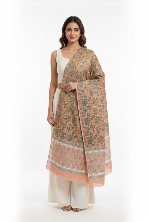 Peach Teal Mul Cotton Dupatta | Sanganeri Paisley Block Print | 250x120cm