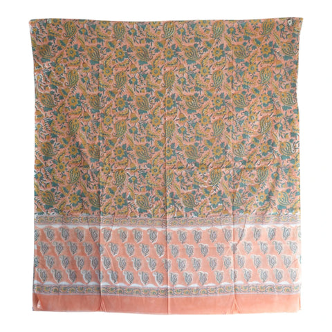 Close-up of teal paisley Sanganeri block print on peach mul cotton – ISYVSK-A11