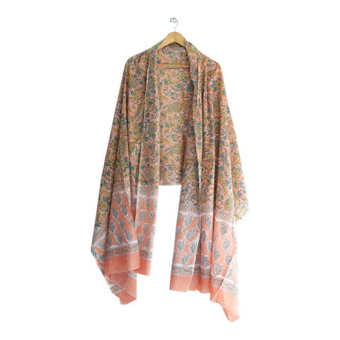 Peach teal mulmul dupatta 250x120cm draped view, Sanganeri paisley print – Indiascarves