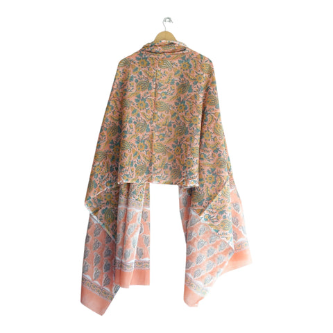 Border detail of peach and teal Sanganeri paisley block print mul cotton dupatta – ISYVSK-A11